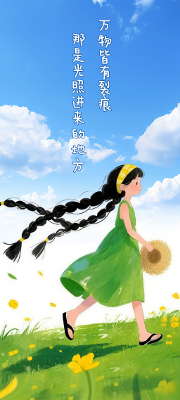 文字治愈蓝天白云草地小女孩