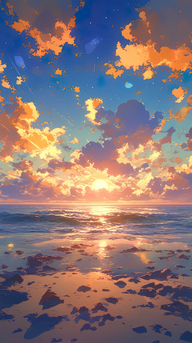 落日餘暉碎石海灘