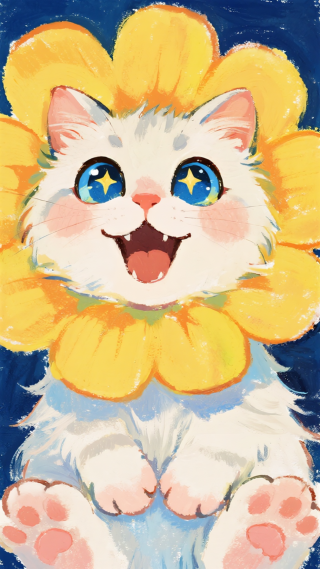 油画棒菊花小猫