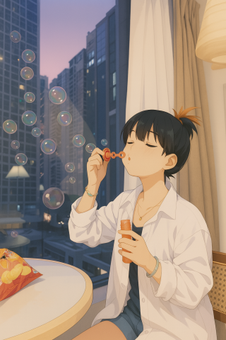 吹泡泡的少女