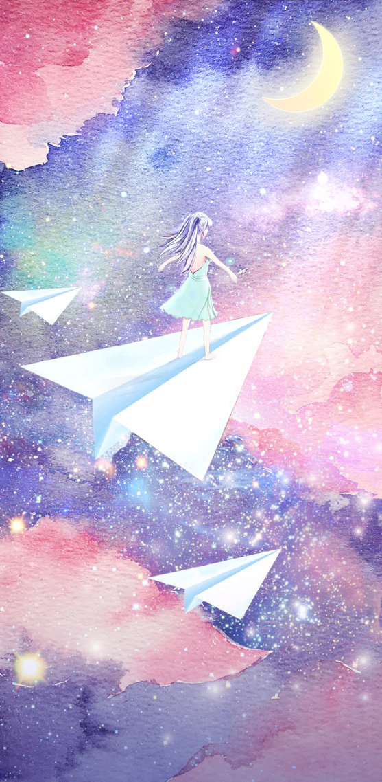 手機屏幕圖片壁紙乘著紙飛機的少女