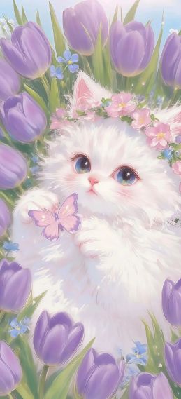 郁金香花中的小猫