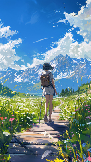 雪山下的徒步少女