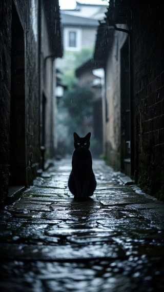 雨中黑猫