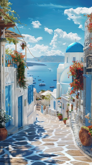 地中海风情蓝白建筑小岛