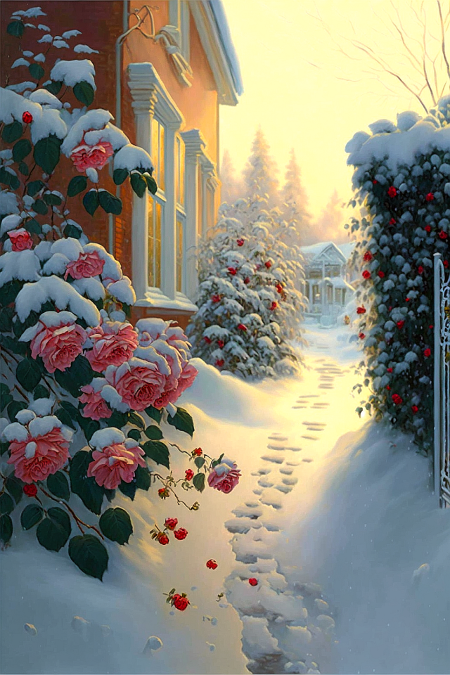 後院落日雪景