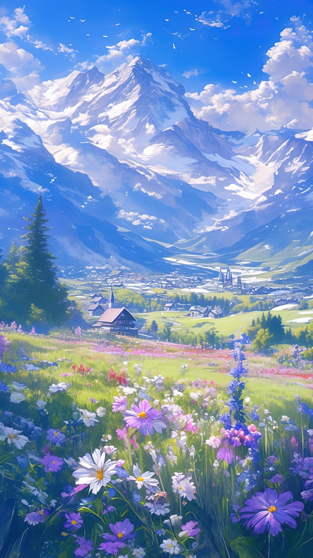 雪山下的宁静乡村