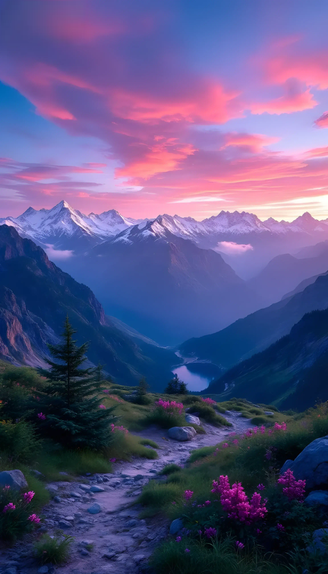 粉紫暮色里的雪山回响