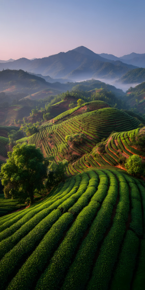 晨雾漫茶山，绿意染晨光
