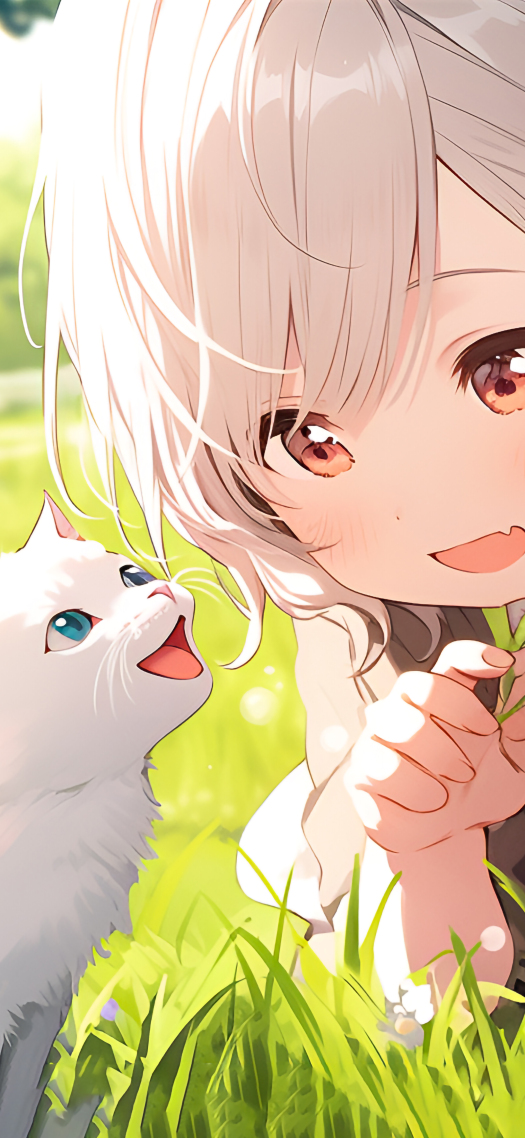 草地上的女孩和猫