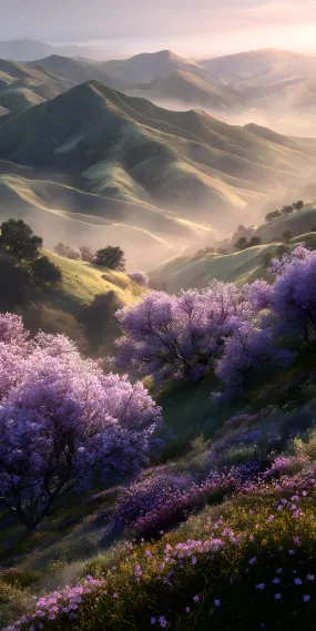 晨曦轻抚山谷，紫霞花海如梦