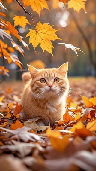 落叶中的小猫