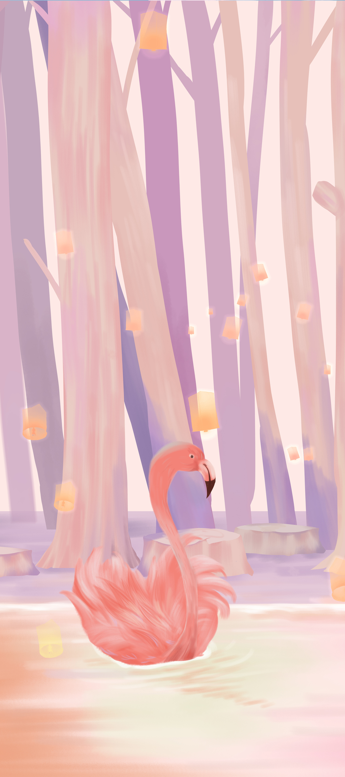 治愈系少女心火烈鳥插畫風景
