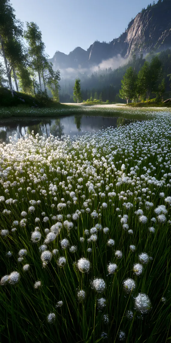 晨雾漫山野，绒花漾水间