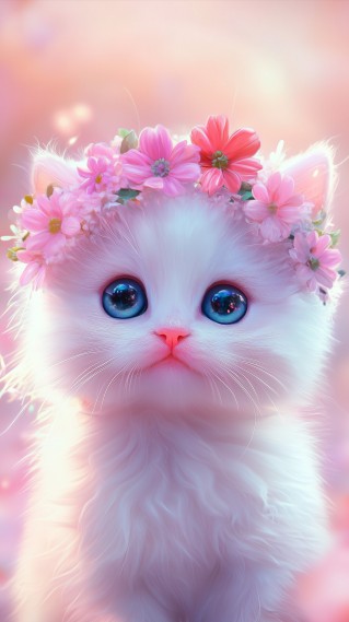 可爱的小猫戴着粉色花环