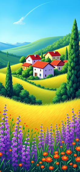 山坡上的小镇油彩画