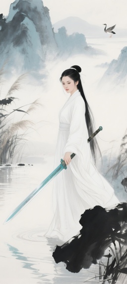 烟波浩渺，剑影随风，水墨江湖中的白衣侠女