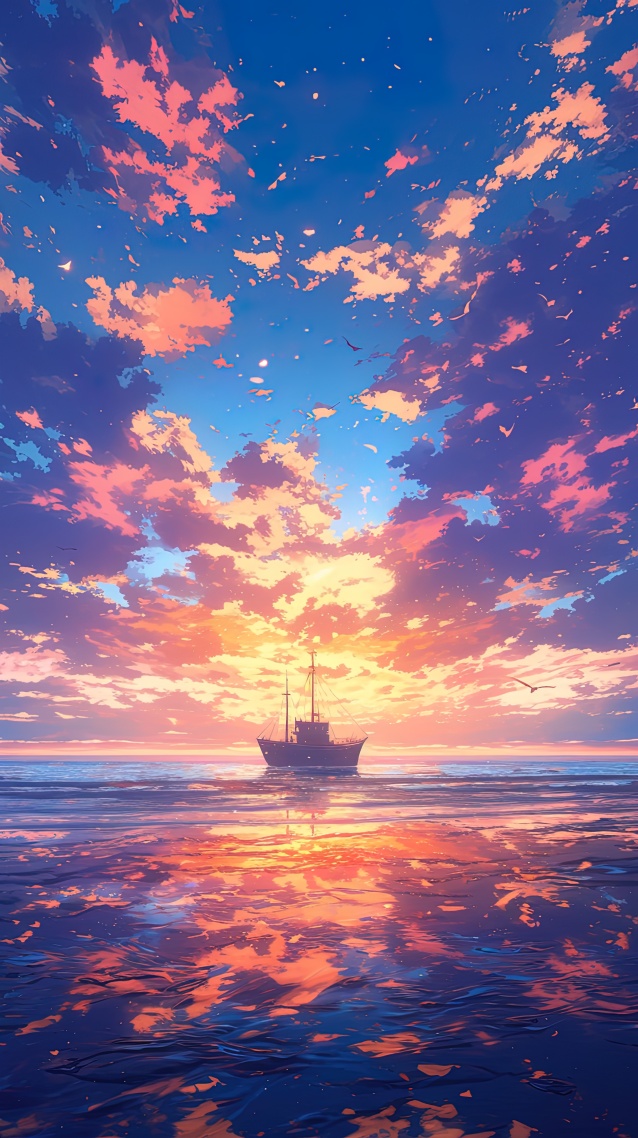 夢幻晚霞海面小船