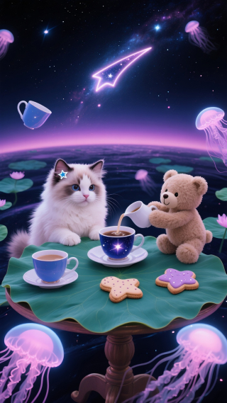 布偶猫给泰迪熊倒奶茶