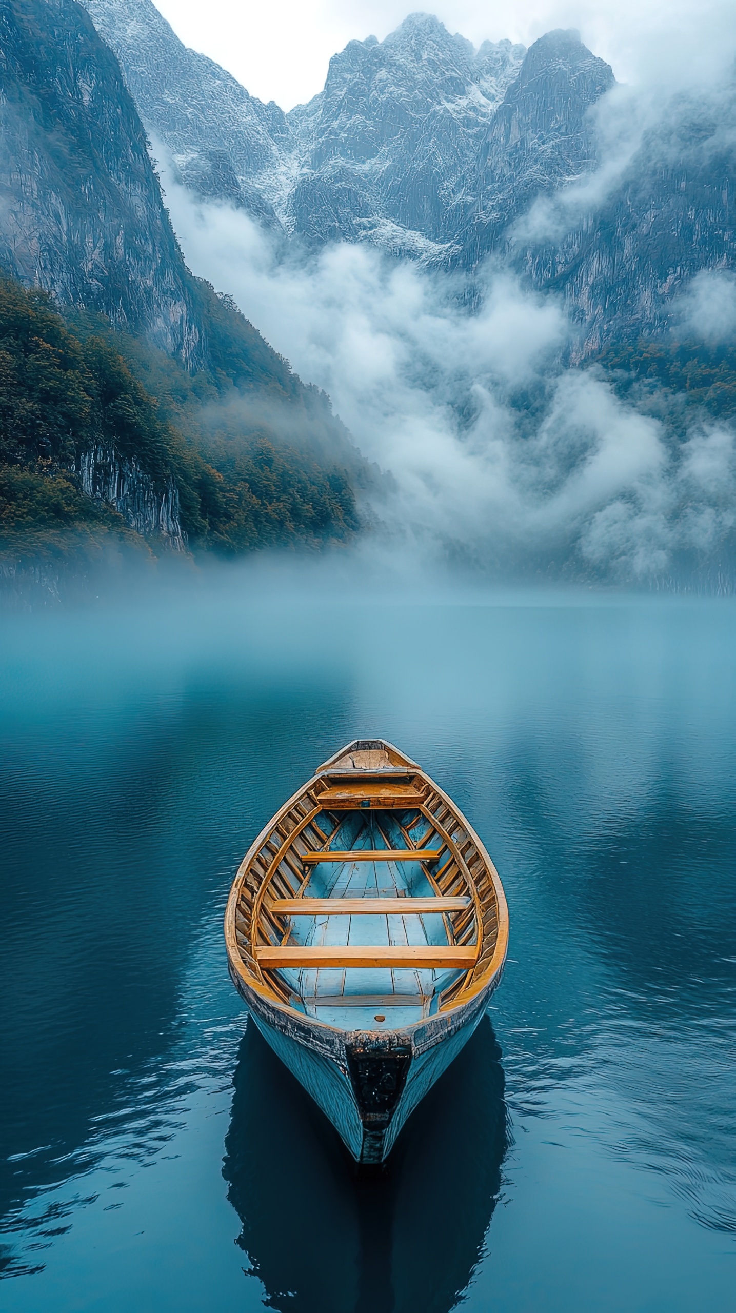 迷霧清晨湖面泛舟