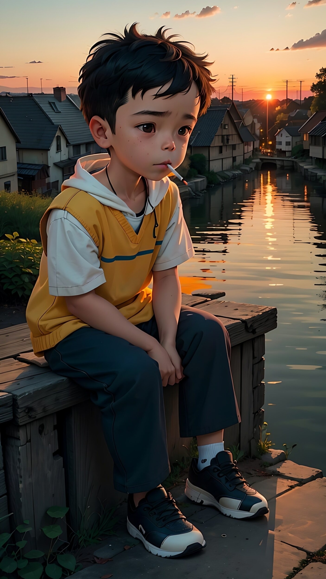 夕陽下抑鬱的男孩