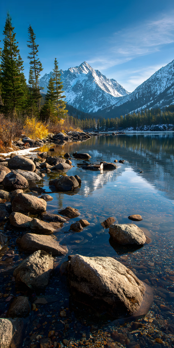 雪山映湖，秋意染林