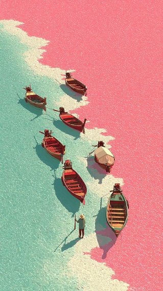 粉色海滩木船