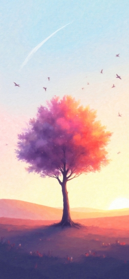 黄昏独树油彩画