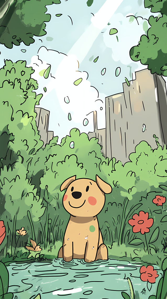 手绘治愈风・城市绿洲的萌犬日常