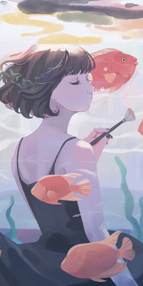 黑裙少女 鱼缸鱼群