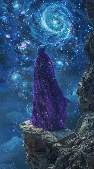神秘银河星空下的紫袍魔法师