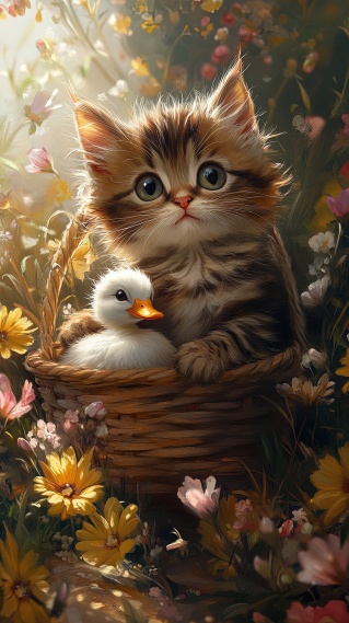 可爱小猫与小鸭