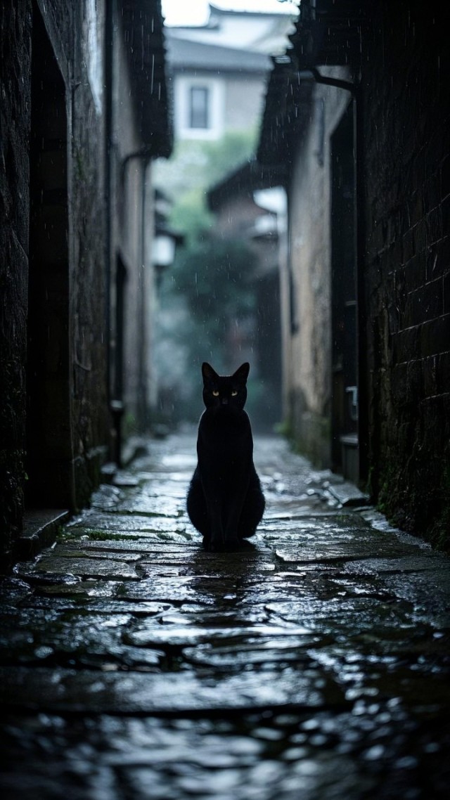雨中黑猫