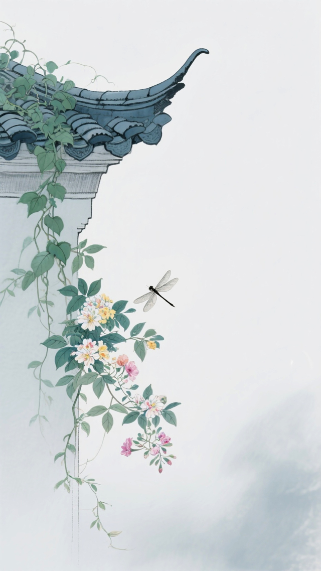 古檐缀花  蜓戏芳华