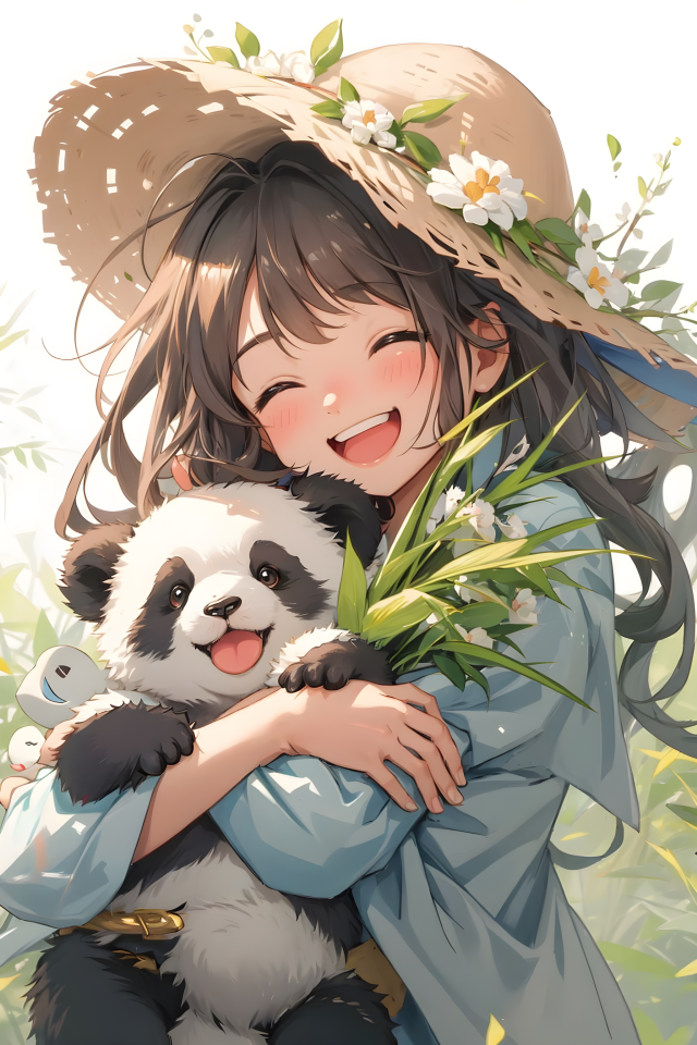 抱熊猫的小女孩