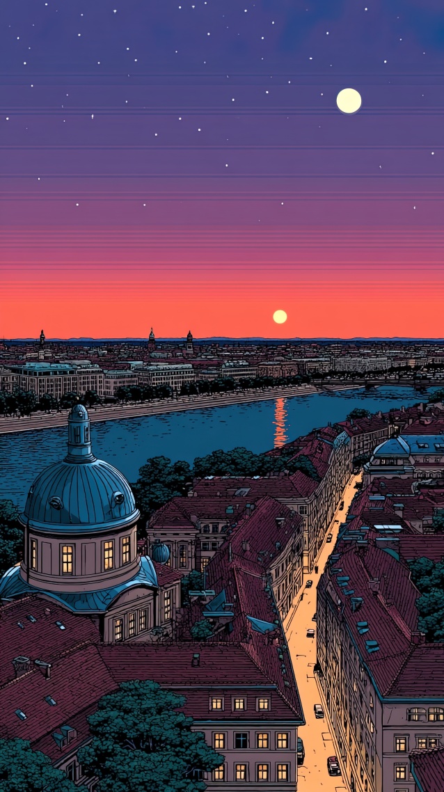 河畔古镇夜景插画