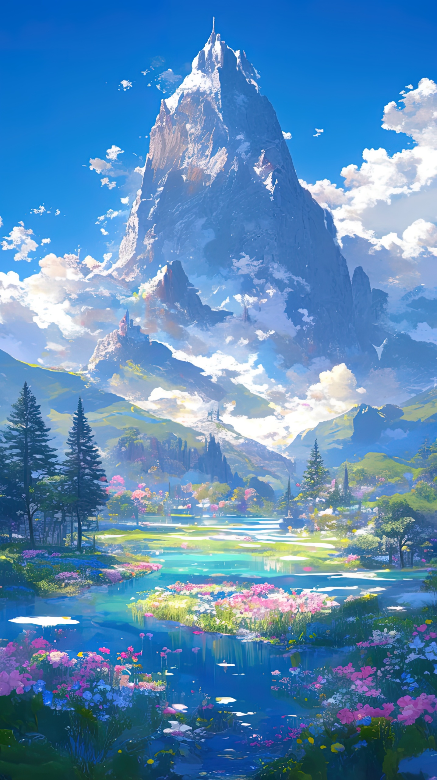 唯美高山下的鮮花草原