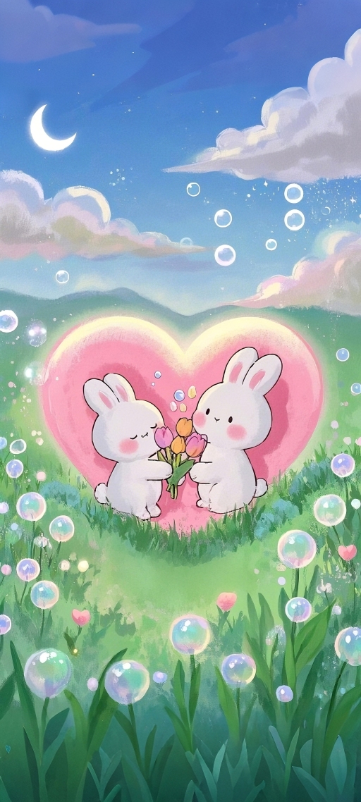 月下兔伴，心花相擁