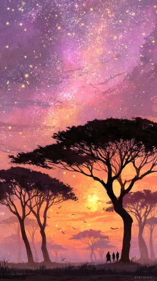 梦幻星空草原巨树