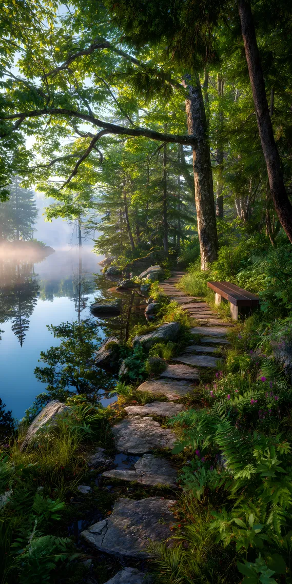 晨曦静谧,湖畔林间小径的宁静时光(风景手机静态壁纸) - 风景手机壁纸下载 - 元气壁纸