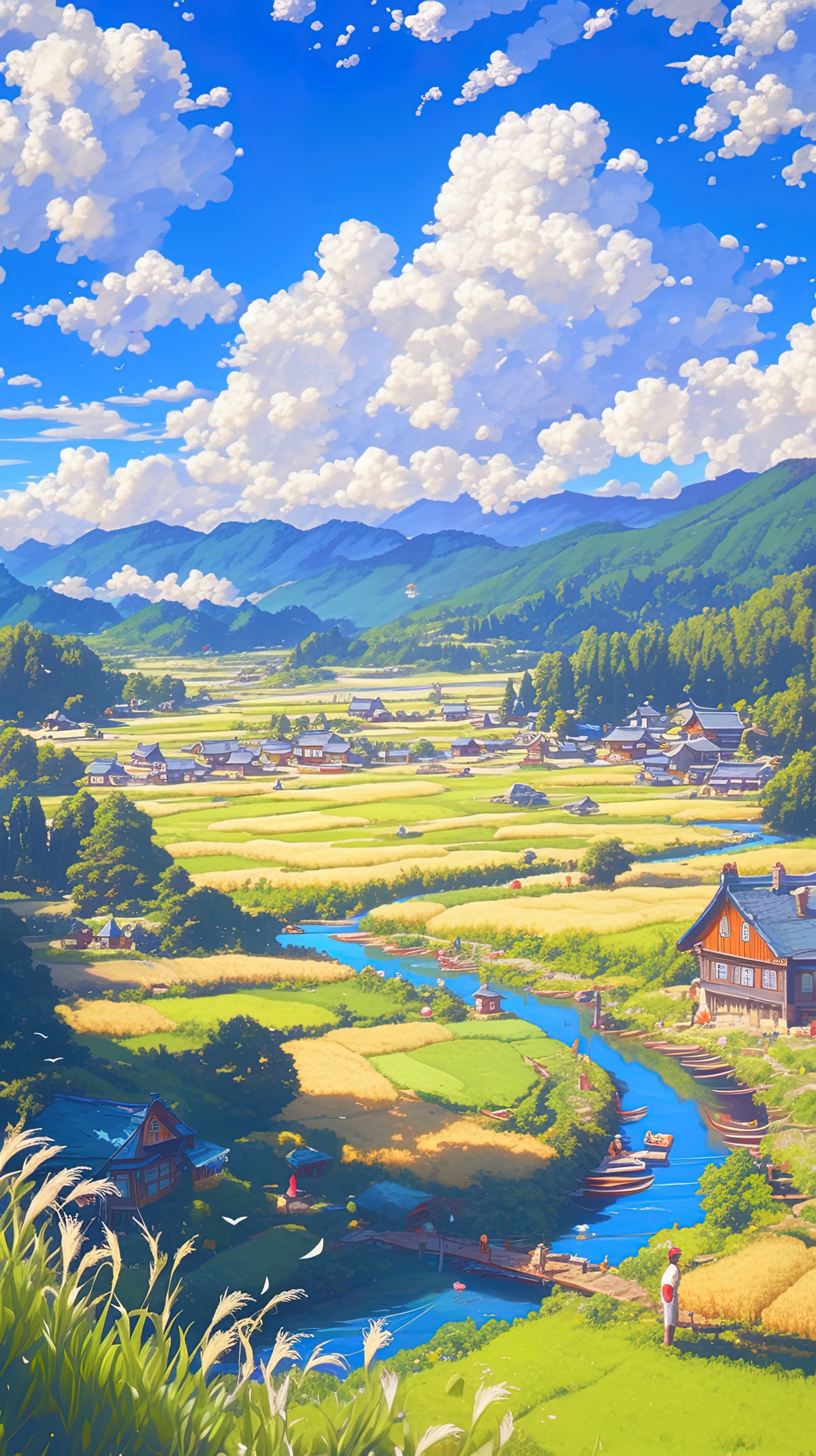 藍天鄉村小屋溪流