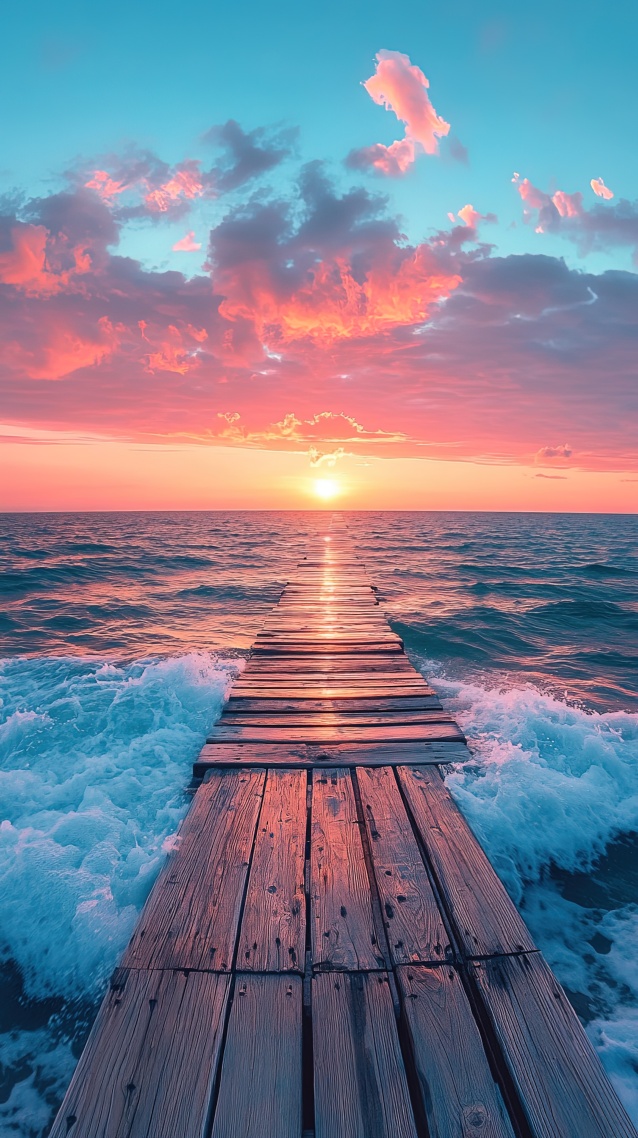 粉色朝霞日出海岸码头