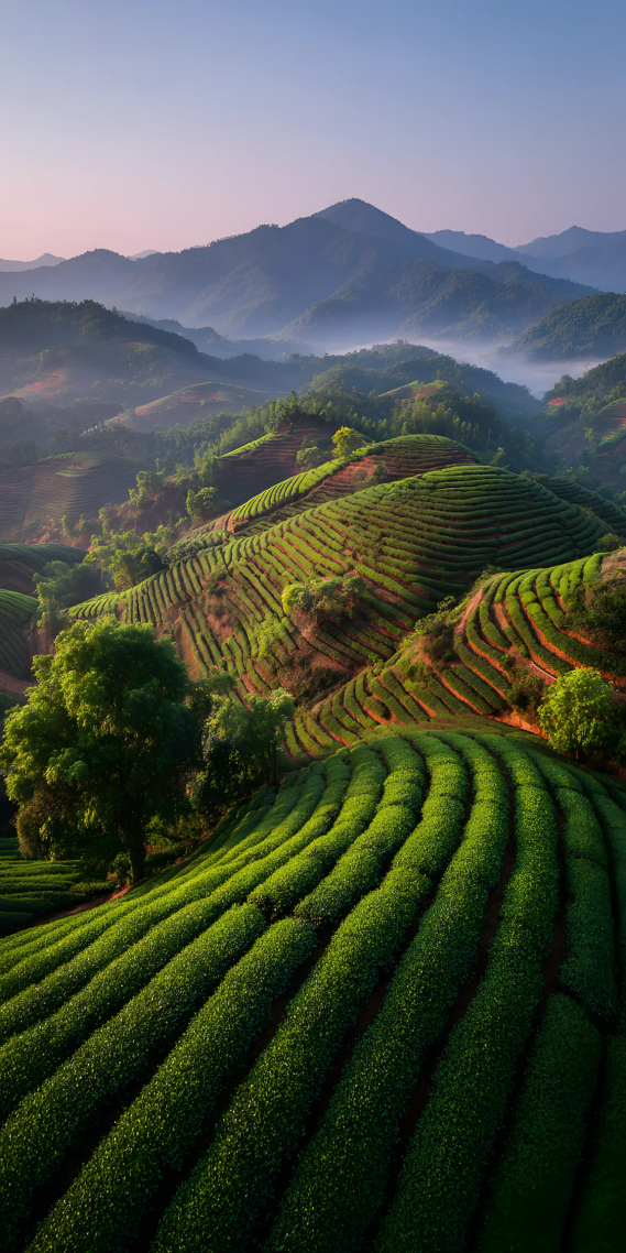 晨雾漫茶山，绿意染晨光