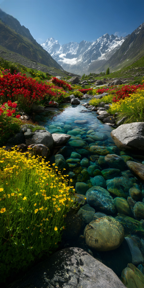 雪山赴野，溪间花开