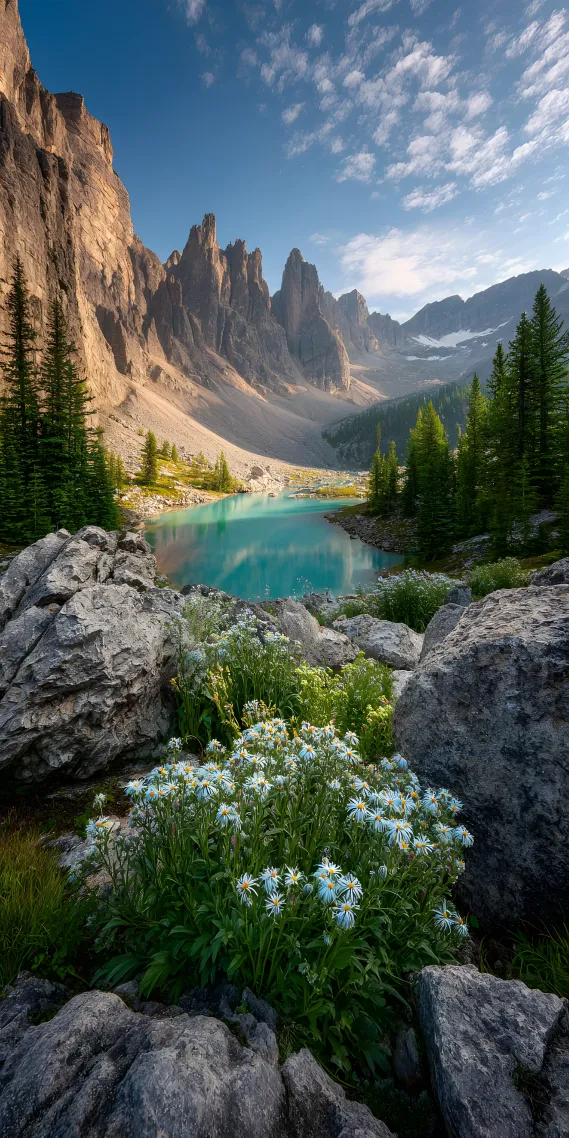 石隙繁花，湖映峰棱