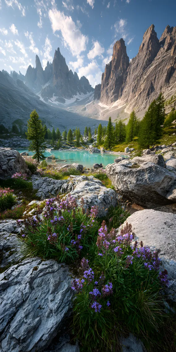 岩间花绽，湖映峰峦