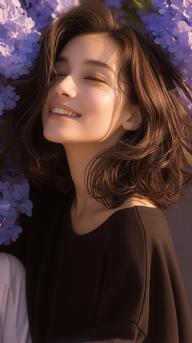 阳光紫色鲜花美女