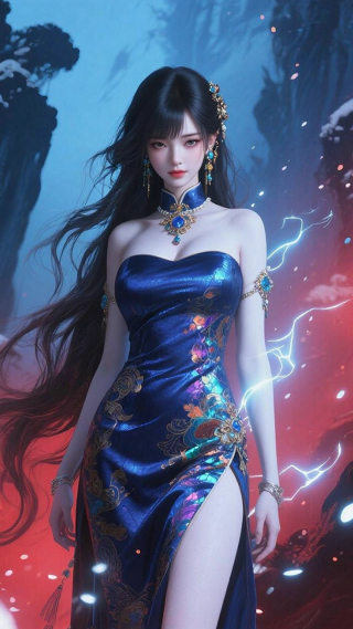 蓝色旗袍美女
