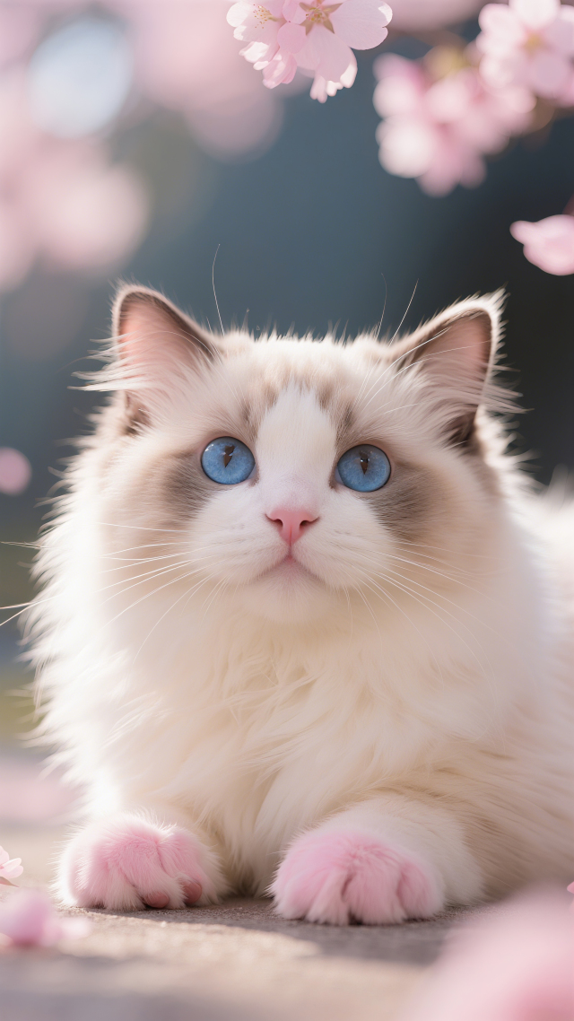 樱花 树下布偶猫