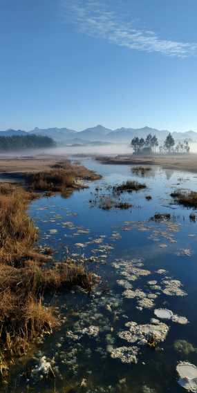 晨雾漫川，水映苍山
